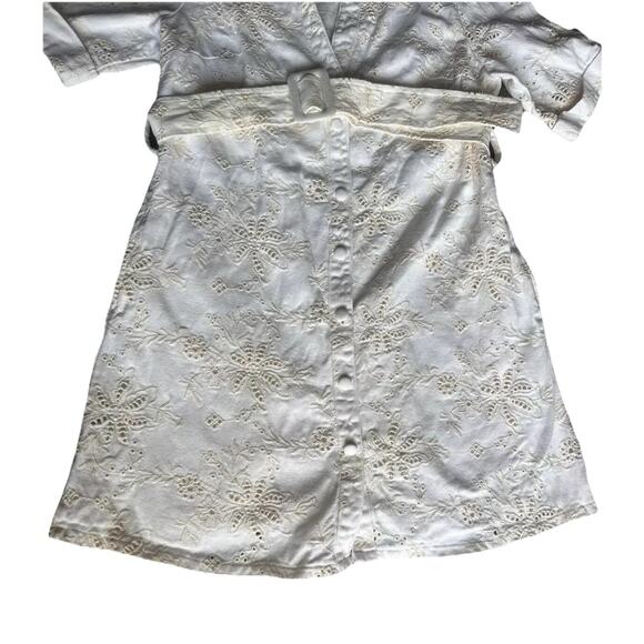 Solitaire Women Denim Dress S White Floral Belted Short Sleeve w/ Pockets - Picture 2 of 16